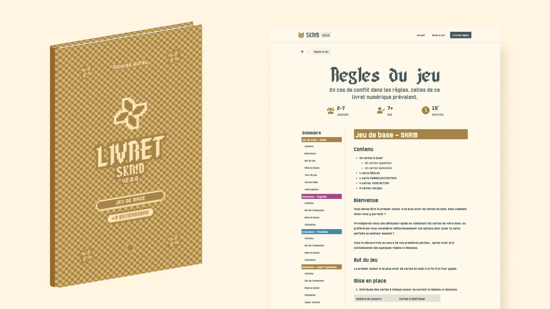Mockup du livret de règles à côté de la page des règles du livret numérique de Skrib