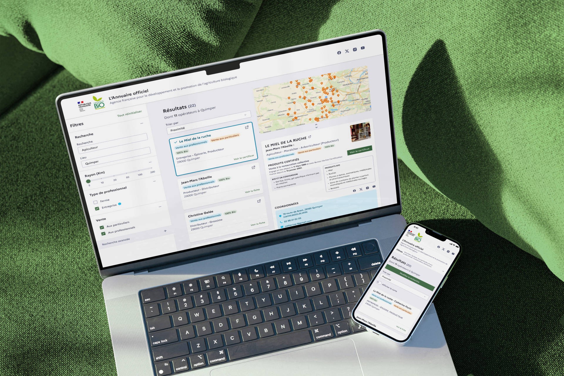 Mockup de l'interface responsive de l'Annuaire de l'Agence Bio (desktop et mobile)