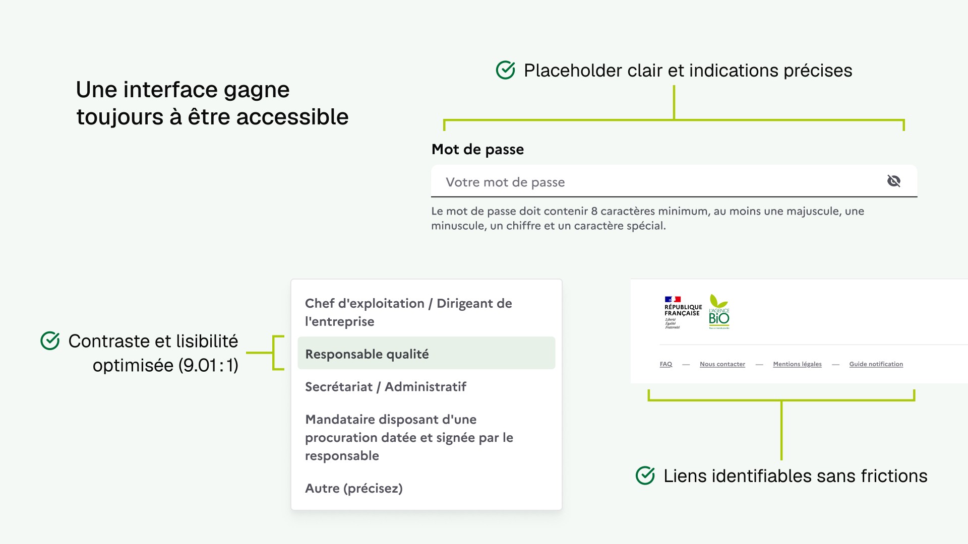 Diagramme explicatif des correction d'accessibilité, avec la phrase "Une interface gagne toujours à être accessible", montrant comme les champs les contrastes, les champs de saisie et les liens du footer ont été optimisé pour gagner en clarté