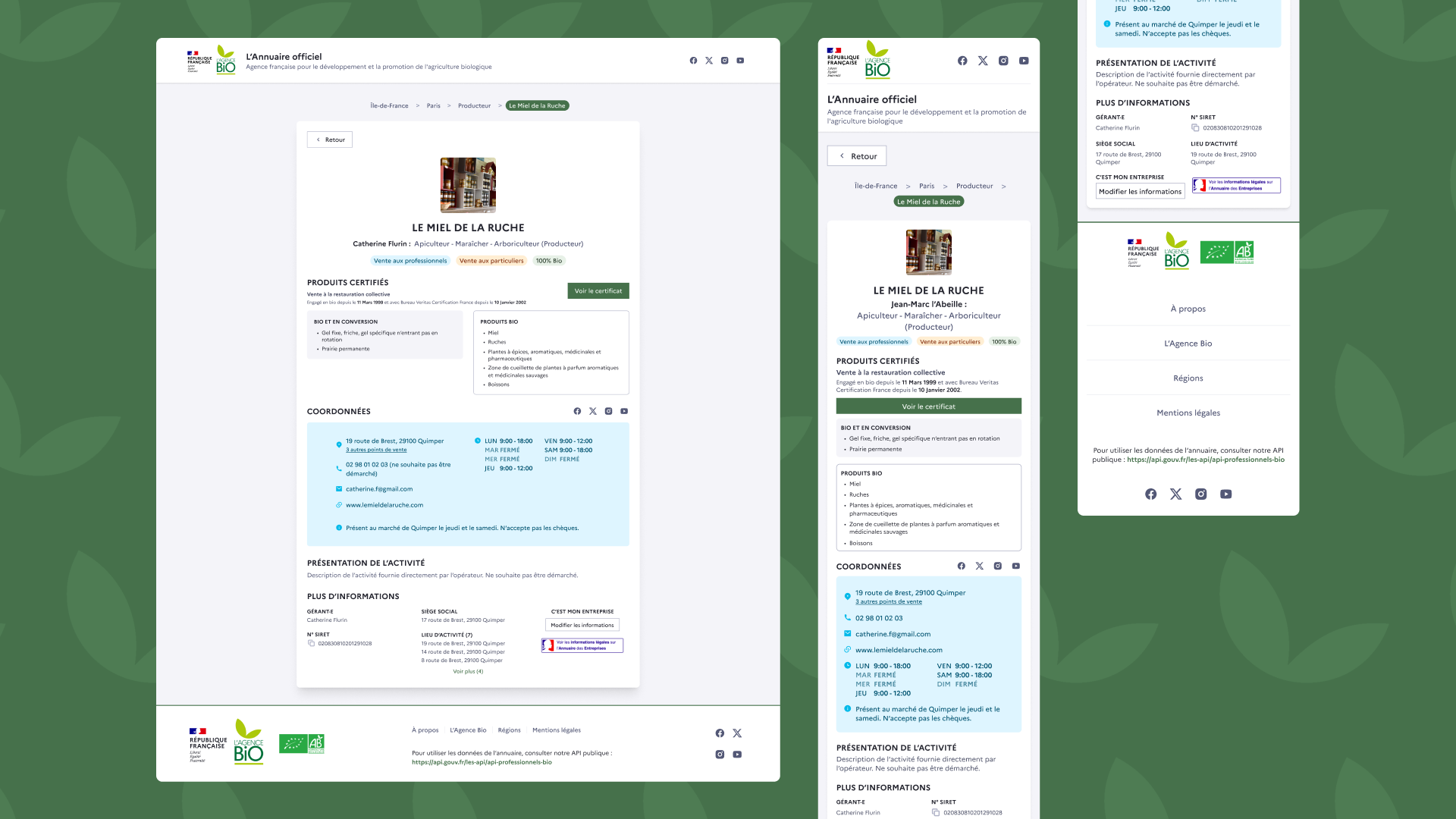 Interface responsive de la fiche d'un opérateur de l'annuaire, optimisée pour l'accessibilité et la lisibilité de l'information