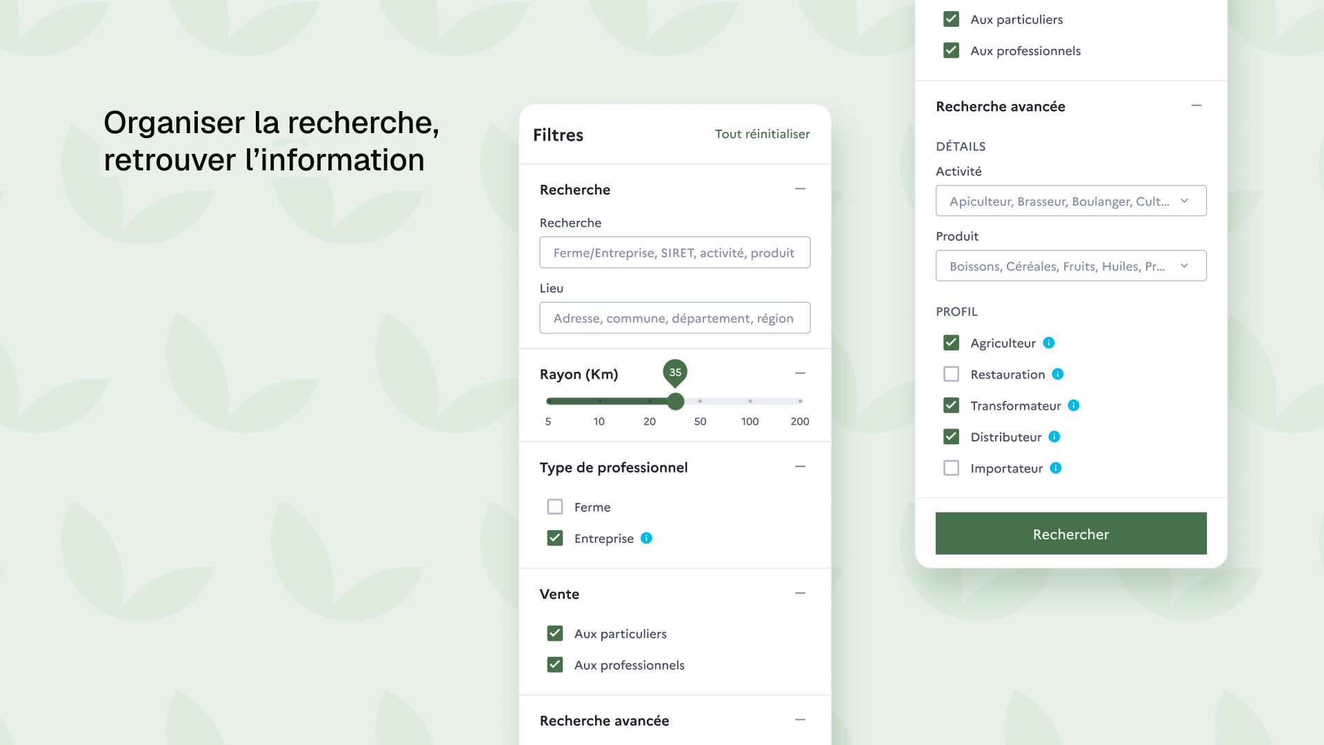Présentation de l'UX de la barre de recherche avec la phrase "Organiser la recherche, retrouver l'information"