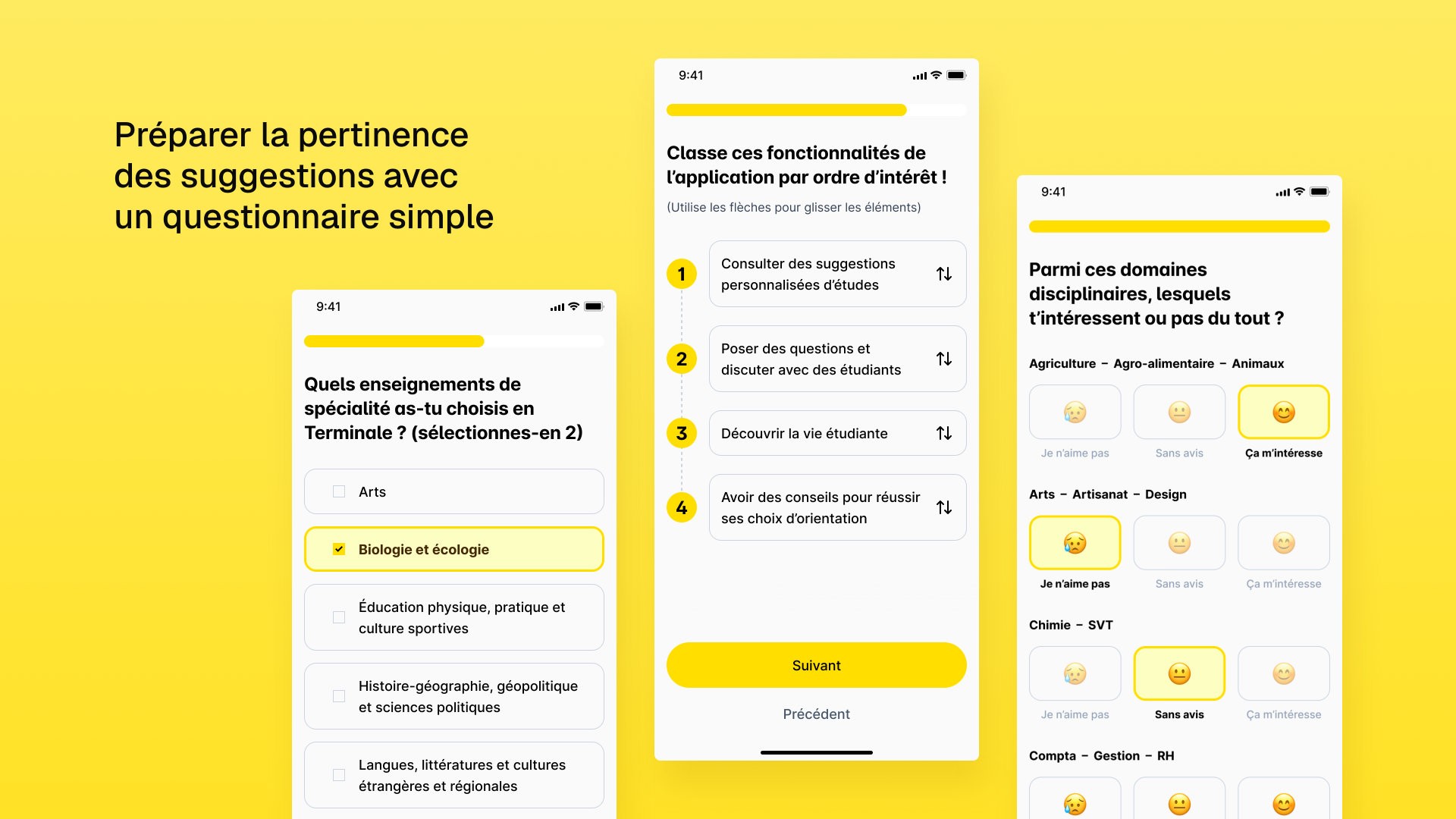 Interface du parcours de sélection des préférences, avec la phrase "Préparer la pertinence des suggestions avec un questionnaire simple"