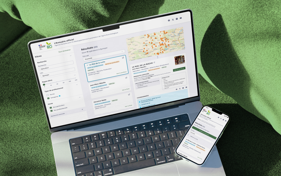 Mockup de l'interface responsive de l'Annuaire de l'Agence Bio (desktop et mobile)