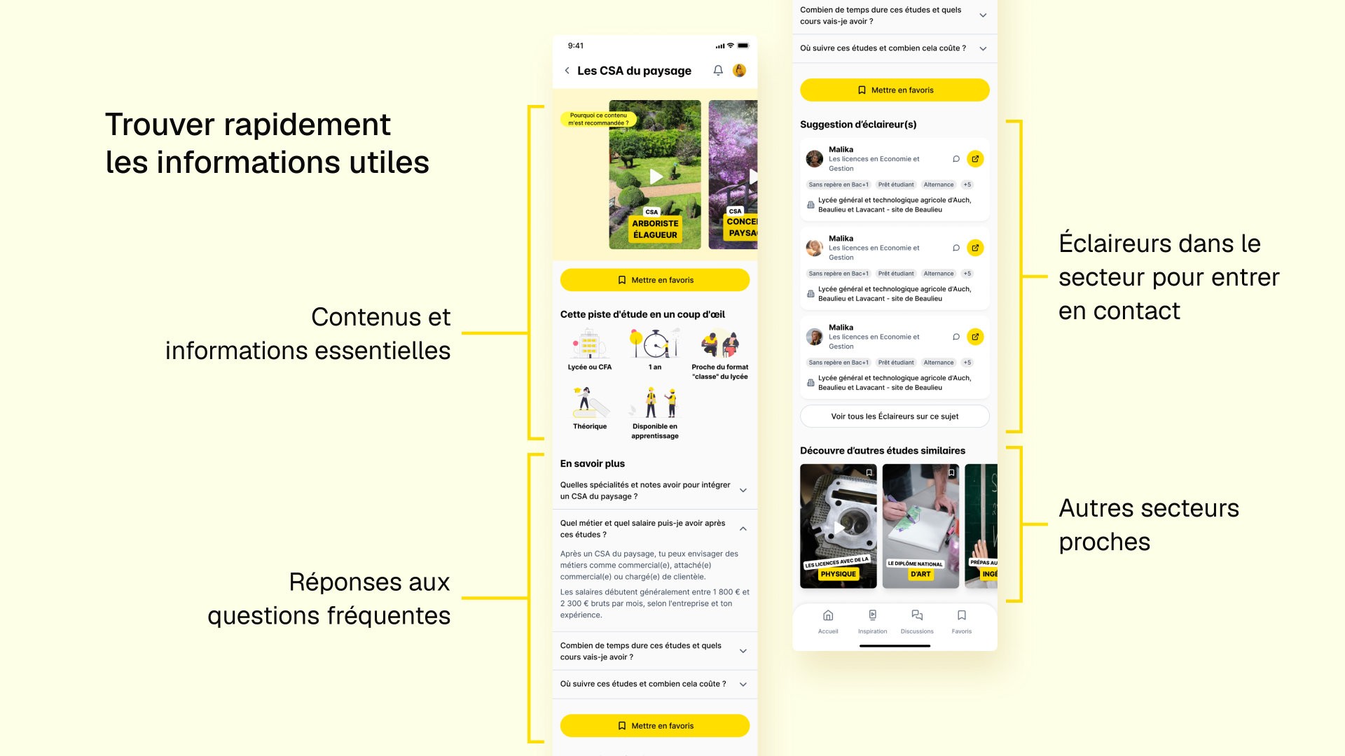 Diagramme explicatif de l'interface avec la phrase "Trouver rapidement les informations utiles", montrant une fiche d'études avec les contenus et informations essentielles en haut, suivi des réponses aux questions fréquentes, la liste d'éclaireurs dans le secteur pour entrer en contact et les autres secteurs proches en bas