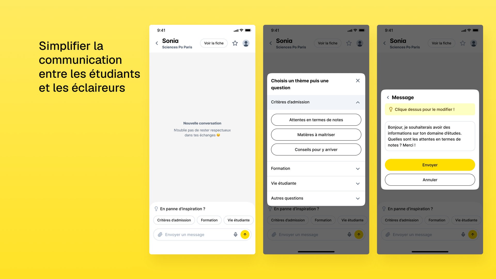 Écrans de discussion avec un éclaireur avec l'aide à la saisie par sujet et la phrase "Simplifier la communication entre les étudiants et les éclaireurs"