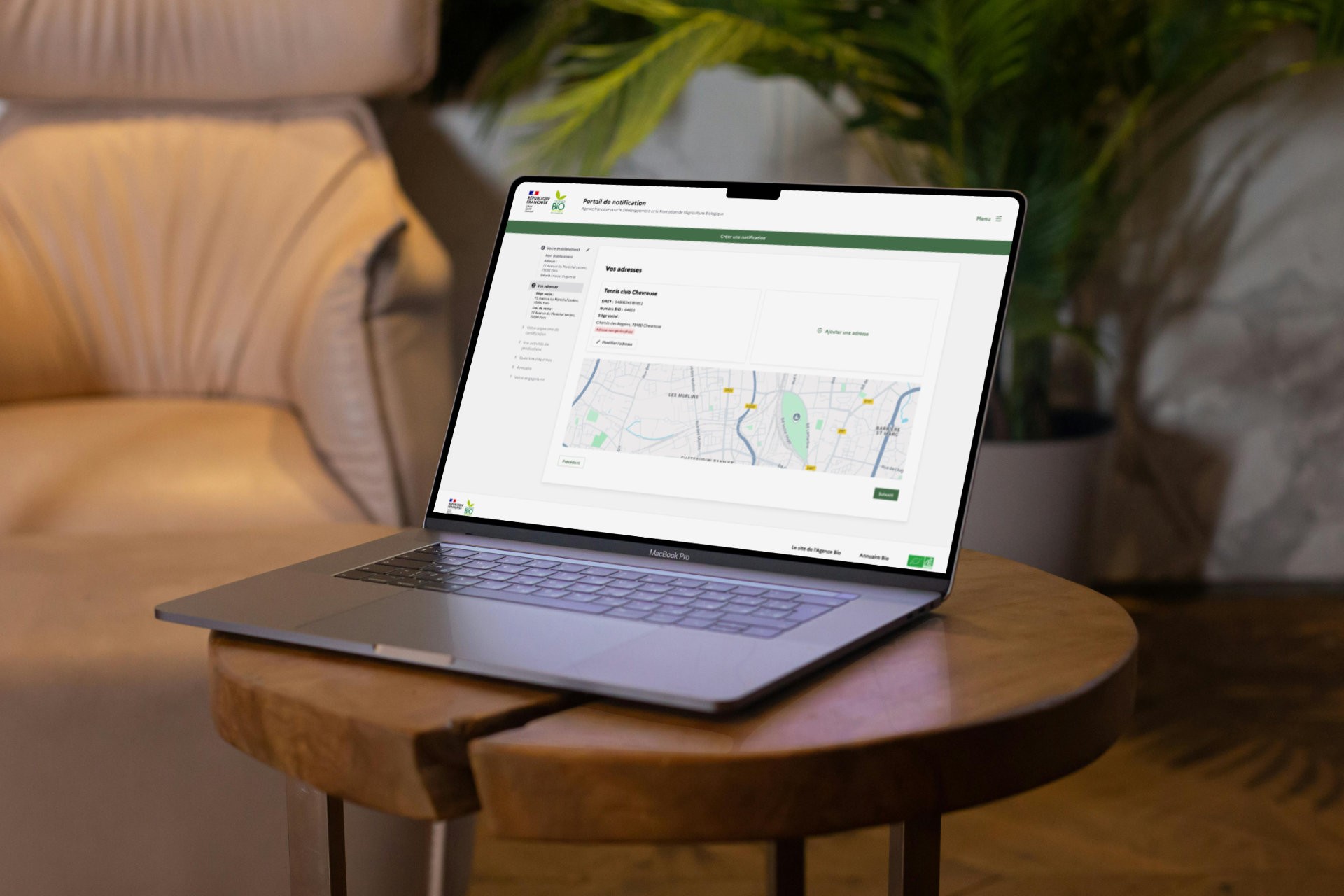 Mockup de l'interface du Portail de notification de l'Agence Bio (desktop)