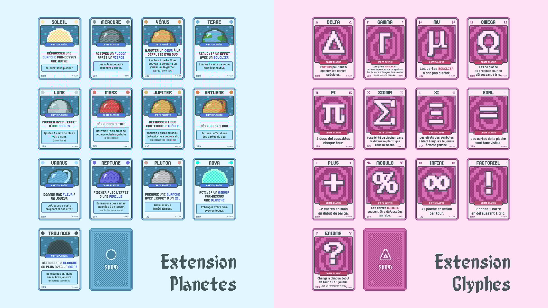 Design des cartes pour les extensions « Planètes » et « Glyphes » de Skrib