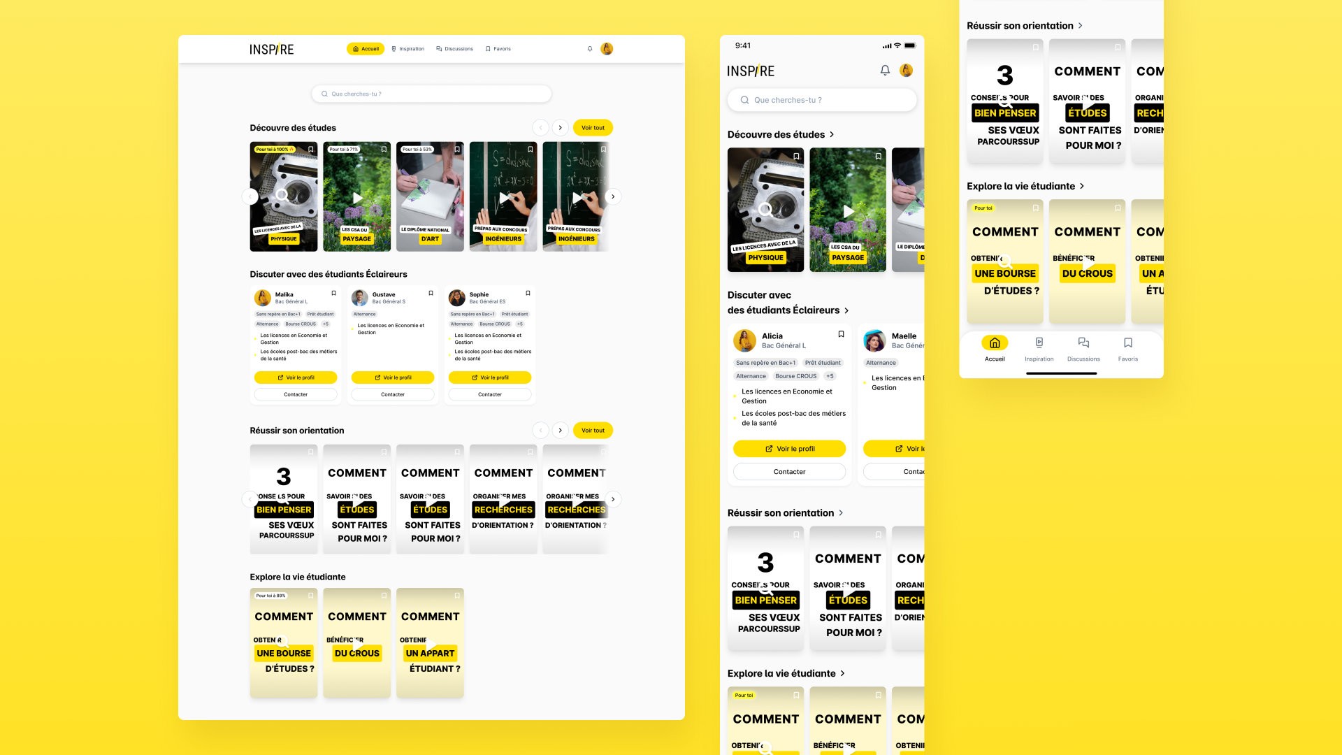 Interface responsive de la page d'accueil Inspire, optimisée pour l'accessibilité et la lisibilité de l'information
